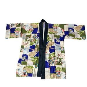 vintage Japanese kimono shirt jacket open front hand printed 1960s 60s yakata XL